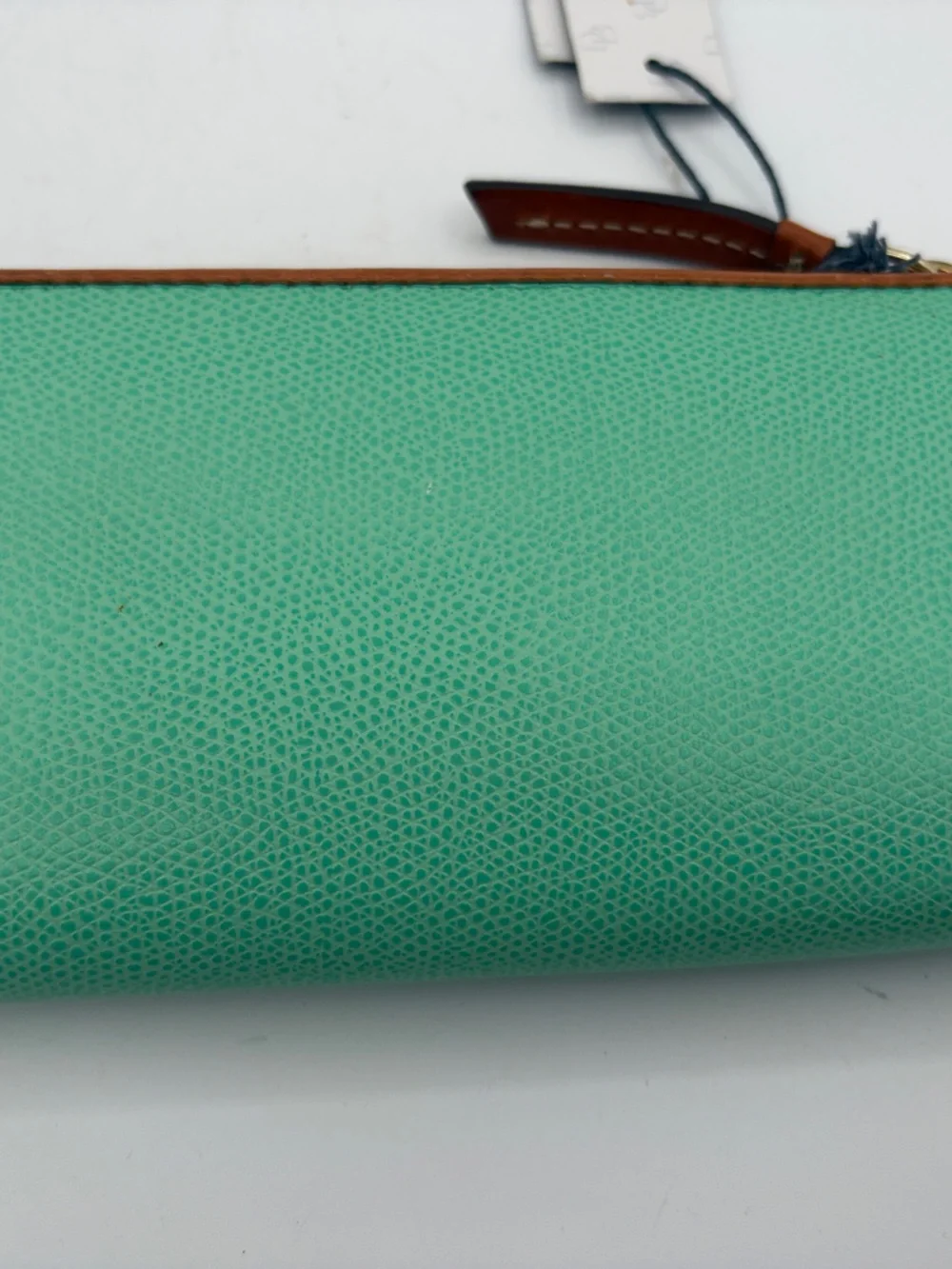 Dooney & Bourke Turquoise Zip-Around Wallet with Tan Trim and Gold Logo